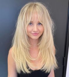 Wispy Long Shag with Bangs for Thin Hair Long Shag With Bangs, Brighter Blonde, Bottleneck Bangs, Shag With Bangs, Caramel Blonde Hair, Hair Contouring, Long Shag, Long Length Hair, Hair Adviser