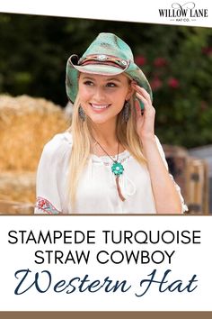 Stampede Women's Western Hat - The Calypso in Turquoise! Womens western fashion, womens western outfits, women's western clothing, womens western boots, women's western wear, womens western shirts, womens western jeans, womens western style, horse hats, straw hats, wool hats, travel western hats, feather hats, bandhats, trending hats, rancher hats, PBR cowboy hats, austin open crown hats, ribbon hats, bullhide hats, boater hats, sale hats. #Cowboyhats #Westernhats #Westernstyle #Womenhats