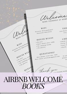 two white welcome cards with gold foil on them