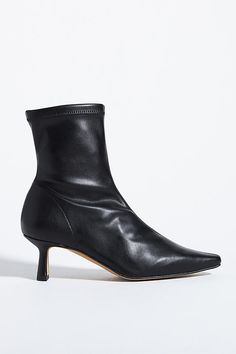 Pointed-Toe Kitten-Heel Boots by Angel Alarcon in Black, Women's, Size: 36, Leather/Plastic/Rubber at Anthropologie Black Ankle Heel Boots, Black Kitten Heel Boots, Pointed Boots, Kitten Heel Boots, Plastic Heels, Weather Boots, Faux Leather Boots, Tights And Boots, Black Heel Boots