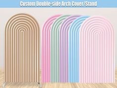 four rows of pastel colored plastic dividers in front of a white wall with the text custom double - side arch cover stand