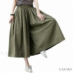 Lasaky - Cotton-Linen Elastic Waist Long Flared Skirt Green Cotton Casual Maxi Skirt, Spring Full-length Baggy Skirt, Baggy Full-length Skirt For Spring, Casual Khaki Maxi Skirt For Spring, Casual Green Skirt, Casual Green Long Skirt, Casual Wide Hem Spring Pants, Non-stretch Green Long Skirt, Casual Wide Hem Pants For Spring