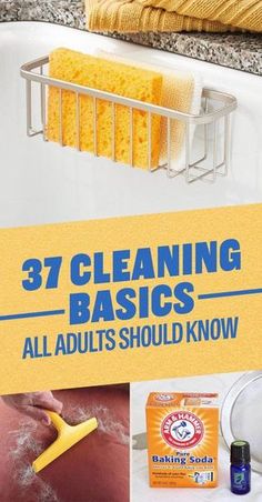 an ad for cleaning basics, including soap and sponges