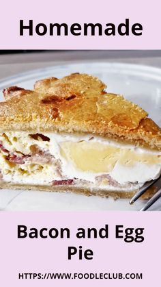 bacon and egg pie on a white plate with a pink border overlay that reads homemade bacon and egg pie