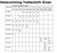 a tablecloth size chart with the measurements for each item and numbers to choose from