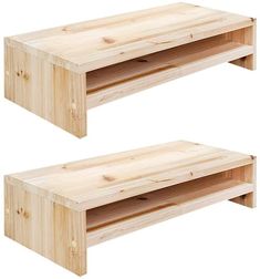 two wooden shelves sitting next to each other