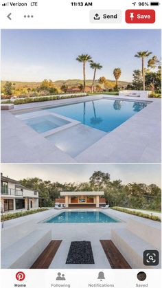 an outdoor swimming pool surrounded by wooden decking and white walls, with palm trees in the