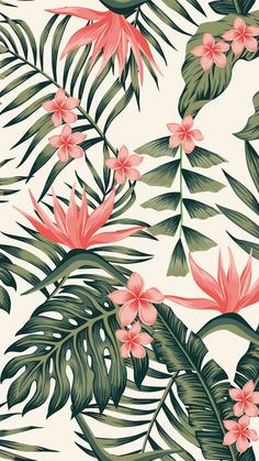 an image of tropical plants and flowers on a white background with green leaves and pink flowers