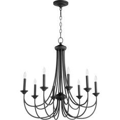 a black chandelier with six candles hanging from it