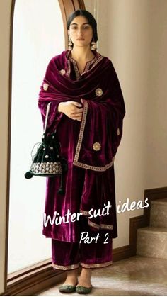 New Party Wear Dress, Velvet Pakistani Dress, Velvet Suit Design, Velvet Kurta, Velvet Dress Designs, Suit Ideas, Simple Kurta Designs, Winter Suit, Beautiful Pakistani Dresses