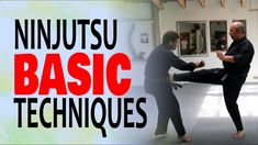 two men in black suits are practicing martial moves with the words ninjatsu basic techniques