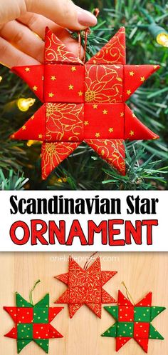 an ornament made out of red and green paper with gold stars on it