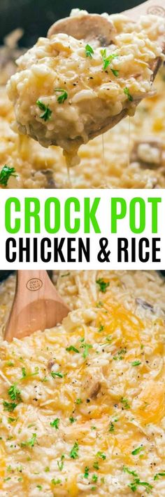 crock pot chicken and rice casserole in a pan with a wooden spoon