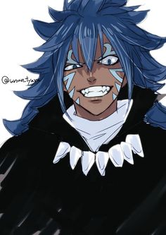 an anime character with blue hair and white teeth, wearing a black outfit while looking at the camera