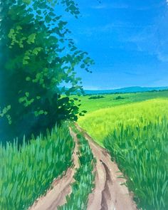 an oil painting of a dirt road in the middle of a green field