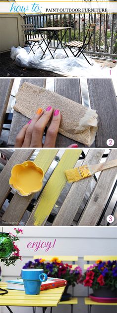 the steps to painting an outdoor table are shown in three different stages, including paint and flower pots