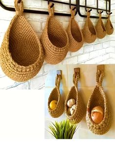 there are several baskets hanging on the wall next to a potted plant with eggs in them