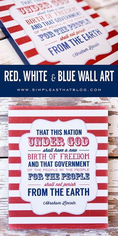 red, white and blue wall art is displayed on a wooden surface with the words