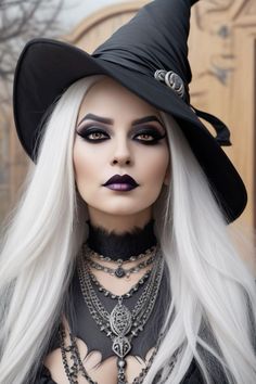 Black And White Witch Costume, Women’s Halloween Make Up Ideas, Which Halloween Makeup, Witch’s Makeup, Womens Witch Makeup, Witch Hair And Makeup Halloween, Blonde Witch Makeup, Witch Makeup Creepy