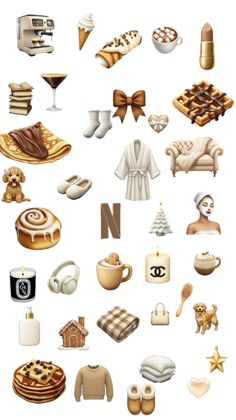 a bunch of different types of food and drinks on a white background with the letter n