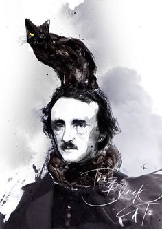 a black cat sitting on top of a man's head in front of a cloudy sky