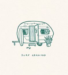 a drawing of a surf caravan with the words surf caravan written in green on it