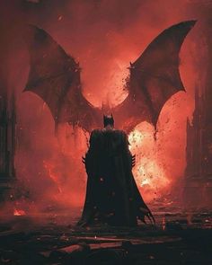 a man standing in front of a fire filled castle with two bats on it's wings