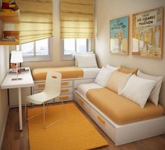 a living room filled with furniture next to a white table and window covered in blinds