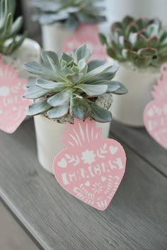 three succulents are sitting in white pots on a table with pink hearts