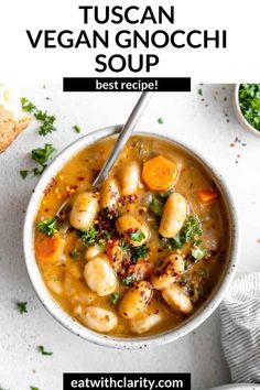 a bowl of vegan gnocchi soup with bread on the side