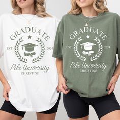 Commemorate your 2024 graduate's milestone with a stylish and personalized t-shirt. This celebratory shirt is perfect for graduation day, capturing the joy and pride of this significant accomplishment. HOW TO ORDER: 1. Select the desired size and color. See the size charts and colors in the photo cards. (If you want an oversized look we recommend increasing your normal size twice for an oversized look - ex. If you are a Med. order an XL). The photo cards will change once you select the color so you can see how the design looks on the color you've chosen. 2. Enter in the year the school/university and the name you want printed on the shirt in the personalization box. Add to the cart. 3. If you want to order more than one at different sizes or colors, hit your browser back arrow and select t School Tshirt Designs, Graduation Shirt Ideas, Class Of 2024