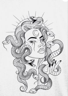 a drawing of a woman with snakes around her head