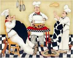 three men in chef's outfits are sitting at a table and one man is standing