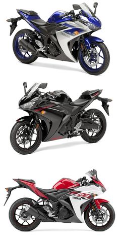 three motorcycles are shown side by side on a white background