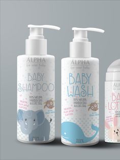 three bottles of baby shampoo with an elephant on the front and one in the back