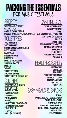 a poster with the words packing the essentials for music festivals