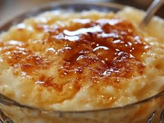 a close up of food in a glass bowl