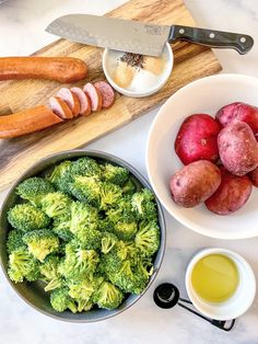 potatoes, broccoli, radishes and carrots on a cutting board