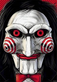 a drawing of a creepy clown with red eyes and long hair wearing a bow tie