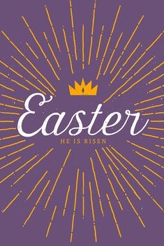 the word easter is written in white on a purple background with yellow and orange rays