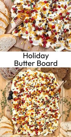 two pictures with different types of food on them and the words holiday butter board above it