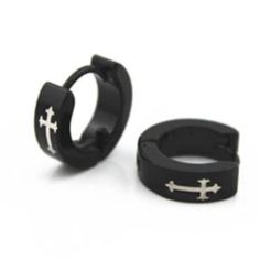 Super Cool Black Punk Small Hoops W/ Engraved Cross Stainless Steel Rings Men, Engraved Cross, Simple Hoop Earrings, Black Punks, Punk Jewelry, Ear Rings, Trendy Earrings, Cross Earrings, Fashion Black