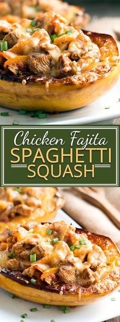 chicken fajita spaghetti bowls on a plate with text overlay that reads chicken fajita spaghetti bowls