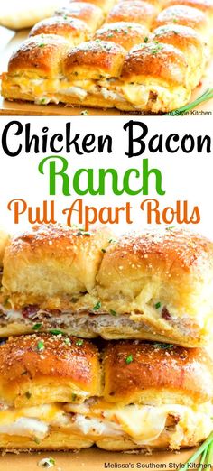 chicken bacon ranch pull apart rolls stacked on top of each other with the title above it