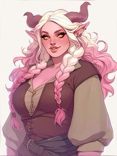 a drawing of a woman with horns on her head and pink hair, wearing a dress