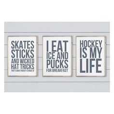 three prints with the words skates sticks and ice and pucks for breakfast