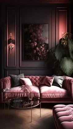 a living room with pink velvet furniture and plants