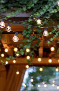 outdoor string lights are hanging from the ceiling