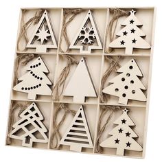 wooden christmas tree ornaments in a box