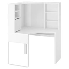 a white desk with an open shelf on the top and shelves below it, in front of a white background